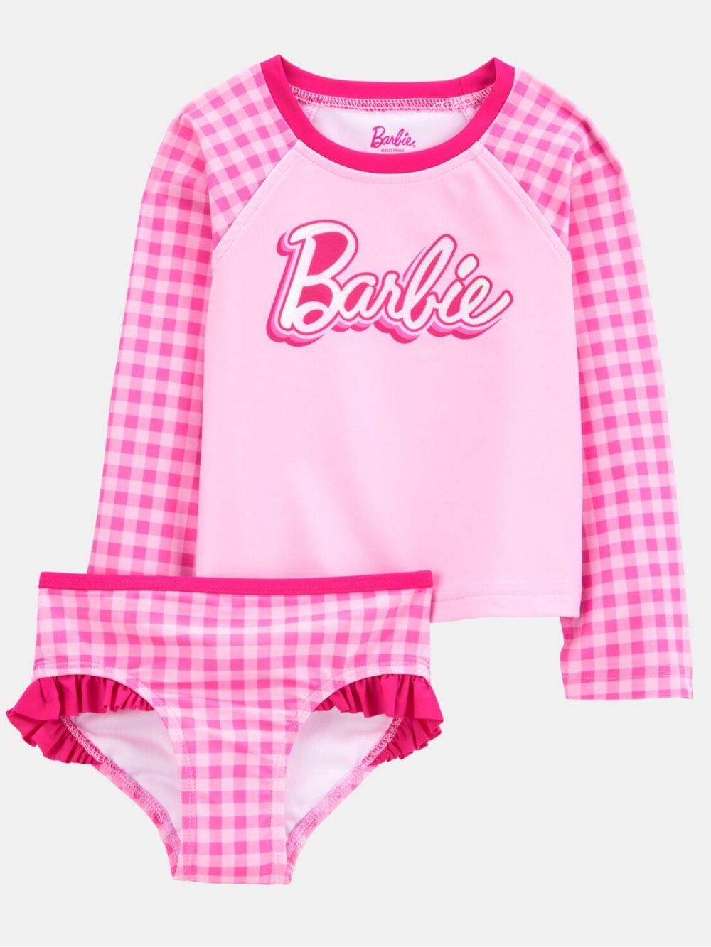 Carter’s Long Sleeve Barbie Gingham Pink Girl Swim Swimsuit Rashguard 3T Ruffles